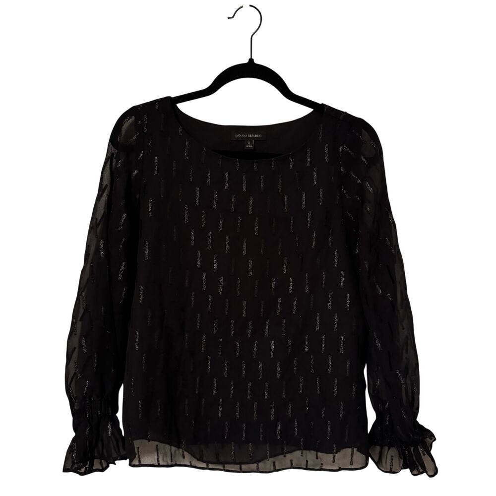 Banana Republic Womens Black Metallic Long Sleeve Ruffle Wrist Blouse Size Small